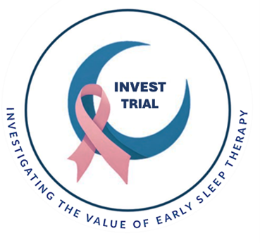 Logo for the INVEST trial. A blue moon with a pink ribbon, surrounded by a circle with text within and around